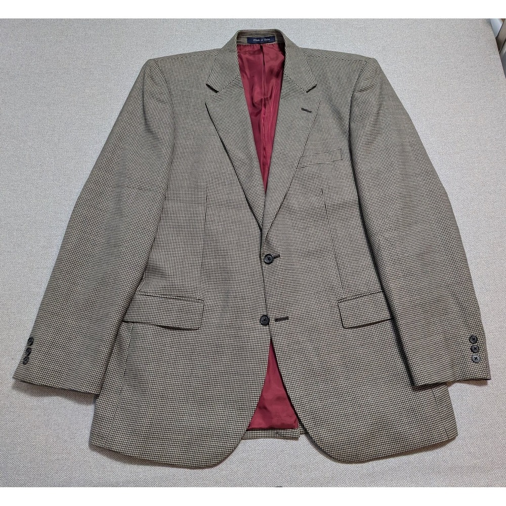 Alan Flusser Men's Blazer 44L Worsted Wool Brown Houndstooth Suit Jacket Coat